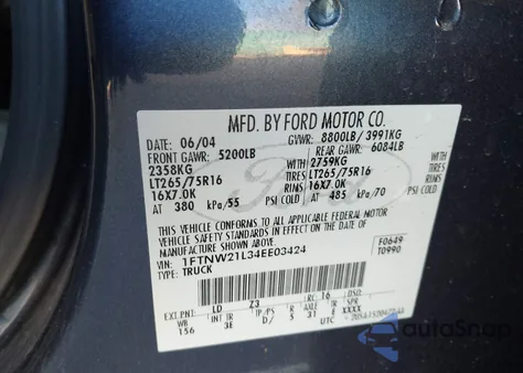 2004 Ford F-250 Lariat/Xl/Xlt z USA, uszkodzony, nr VIN 1FTNW21L34EE03424